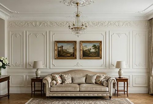 Living room in neoclassical style: how to decorate the wall behind the sofa with moldings and stucco