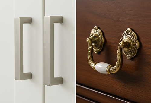 Comparison of designer furniture handles &mdash; minimalist modern handles and classic elite hardware as a marker of premium interiors