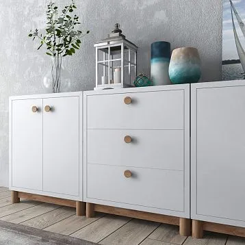 White, black, wood-finish button handles