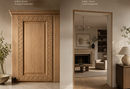 Comparison of K-004 wooden baguette 14 and 30 mm wide on a furniture door and decorative portal