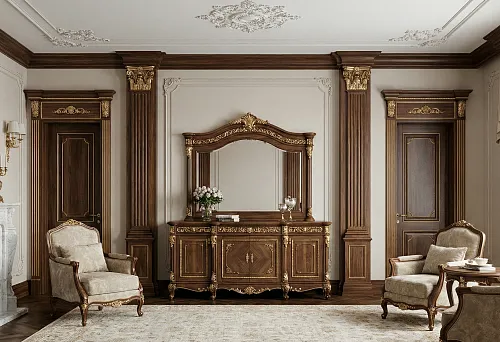 Solid wood moldings and STAVROS furniture in classic interiors: wooden portals, pilasters, and carved furniture with gilding