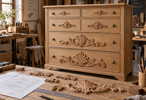 Carved overlays for a chest of drawers: how to distribute decor across drawer fronts of different heights