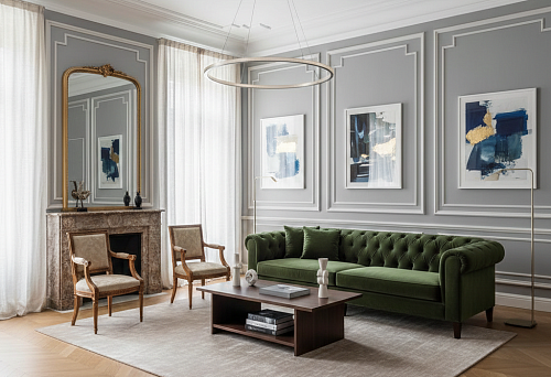 Neoclassical living room with gray walls in moldings and a green sofa