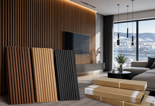 Slatted wall panels in the interior of an apartment in Krasnoyarsk