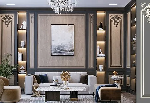 Modern interior with wooden wall panels and decorative elements.