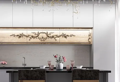 Elegant kitchen set with carved fronts made of natural wood, adorned with classic floral ornament