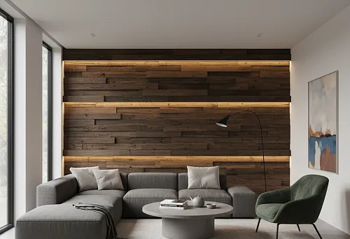 Wooden Slats in Living Room Interior with Stylish Lighting