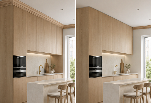Wooden cornice KZ-004 60&times;60 mm at the kitchen up to the ceiling with an option for continuing the profile above the cabinets