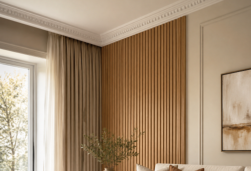 Wooden slats and a polyurethane cornice for finishing the wall-to-ceiling joint