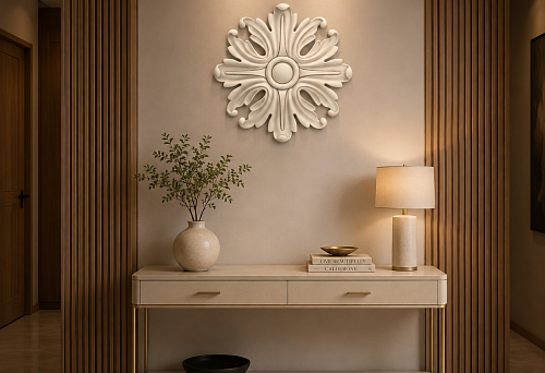 Carved rosette RPU-046 200 &times; 200 mm above the console between slatted panels