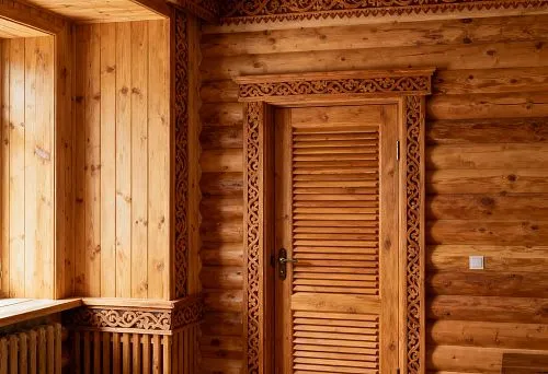 Russian-Style Interior with Carved Window Casings, Wooden Door, and Decorative Molding
