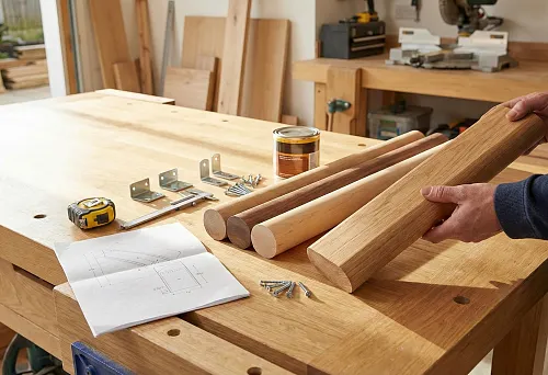 Choosing a 50 mm round wooden handrail in the workshop: blanks, fasteners, and a drawing on the workbench