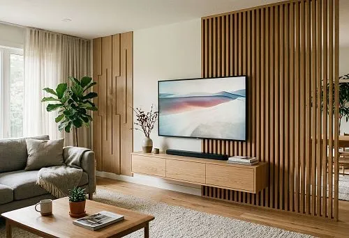 Slatted partition and decorative elements for the TV zone: how to add texture without overloading the wall
