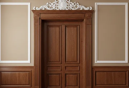 Wooden architraves and skirting boards in a doorway with polyurethane moldings in a classic interior