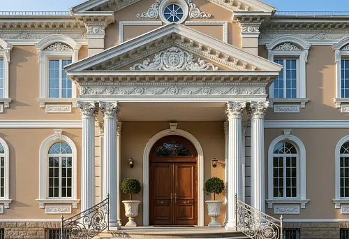 Classic House Facade with Porch, Columns, Balusters, and Polyurethane Decor, Creating a Harmonious and Expressive Exterior