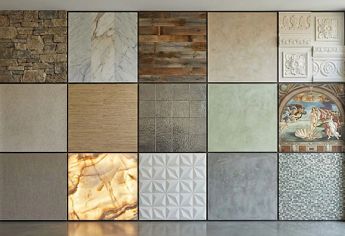 Samples of Decorative Wall Finishes in Stone, Marble, Wood, and Plaster