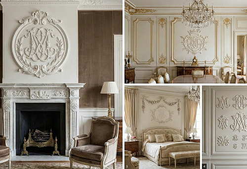 Polyurethane monogram stucco above the fireplace: large medallion with monogram in a classic living room