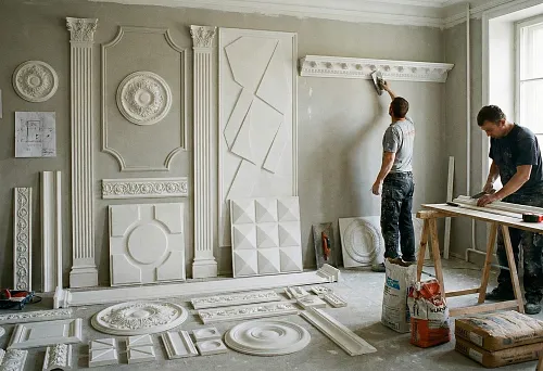 Masters install wall molding and decorative elements in the interior.