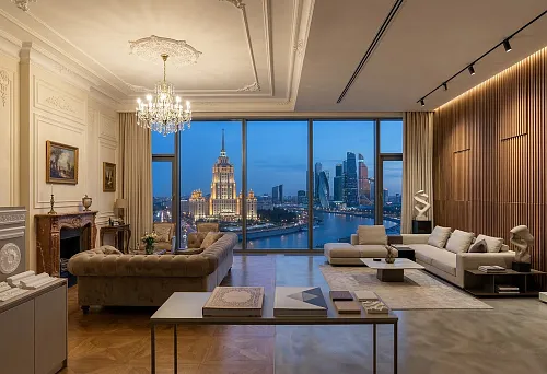 Buy slatted panels in Moscow for a modern interior with panoramic windows and stucco decor