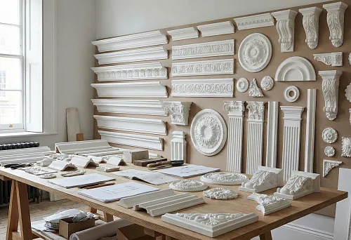 A set of ceiling moldings for a project &mdash; cornices of different profiles and ornaments on a display stand