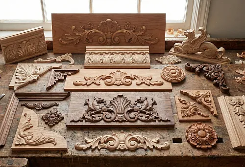 Wooden Patterns for Furniture: Carved Decorative Overlays, Rosettes, and Ornamental Elements on a Table in a Workshop