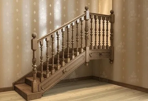 Wooden staircase with classic balusters and massive supports, examples of reliable fixation of posts