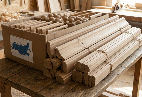 Wooden baseboard blanks and a set of wooden furniture handles in the workshop before packaging and delivery across Russia
