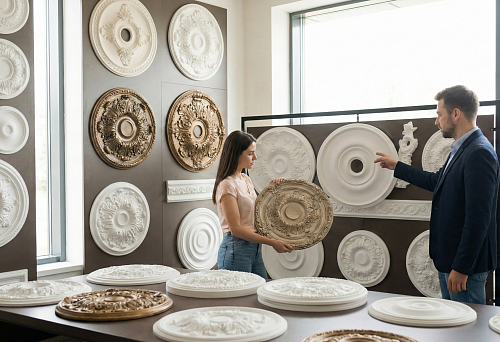 Polyurethane ceiling rosettes for chandeliers: choosing a ceiling medallion by diameter and ornament in the showroom