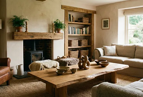 Wooden interior decor: living room with a massive wooden beam above the fireplace and a wooden table
