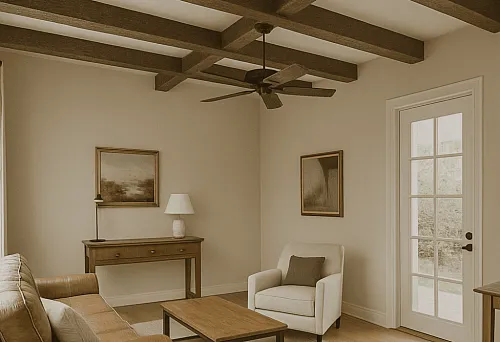 Living room interior with a ceiling adorned with decorative dark wood cross beams
