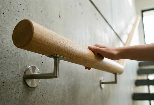 Round wooden handrail with a diameter of 50 mm, fixed on metal brackets