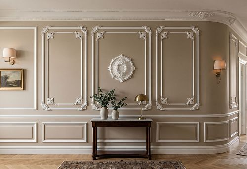Stucco decor for a long wall: how to break up an elongated wall with moldings and polyurethane elements