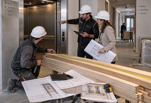 Checking the length of wooden trim before delivery to a construction site