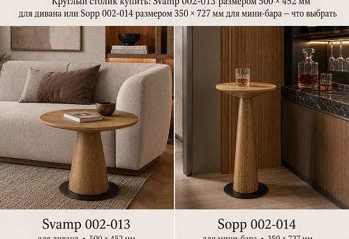 Round tables Svamp 002-013 and Sopp 002-014 &mdash; comparison of low sofa and high bar models
