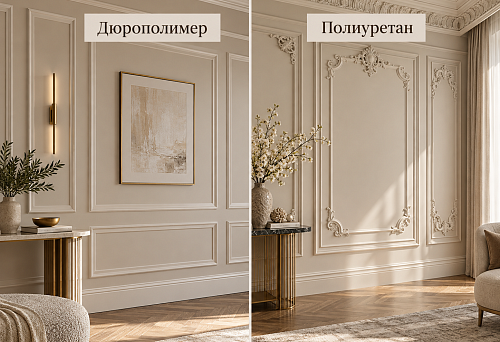 In a store, two white mouldings can look almost identical. One is made of duropolymer, the other of polyurethane, and both are intended for painting. The difference becomes noticeable not so much when looking at a straight strip as when trying to assemble from it