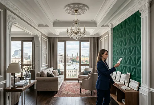 Polyurethane decor in a Moscow apartment interior: wall moldings and ceiling decor in the living room