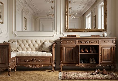 Classic shoe cabinet and bench: wooden legs and polyurethane molding