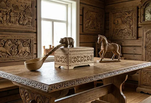 Decorative and applied arts in wood carving: carved panels on walls, a chest with ornamentation, and a wooden table