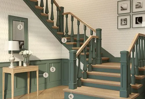 Design of a Stylish Wooden Staircase with Carved Balusters and Solid Handrails.