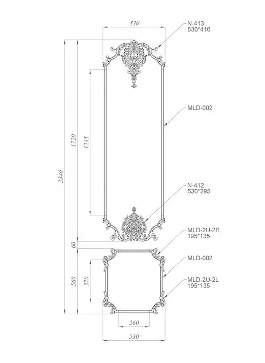 Decorative set C-002-1-3 with carved floral pattern diagram