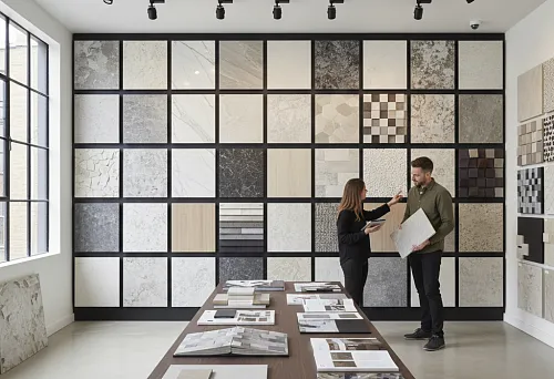 Customers examine wall finish samples in the showroom, selecting suitable materials.