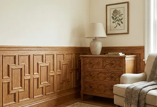 Wooden moldings on the wall and furniture overlays: the same geometric pattern creates visual rhymes in the interior