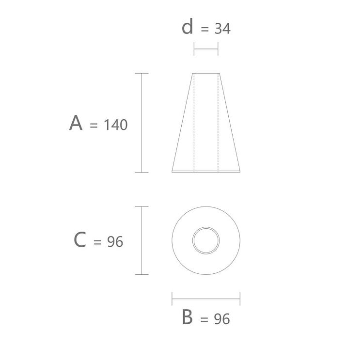 Drawing of geometric figure KN-012 size 140 &times; 96 &times; 96 mm with a 34 mm hole