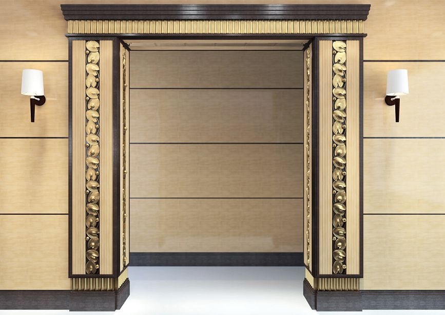 Decorative door portal with volumetric elements and vertical lines