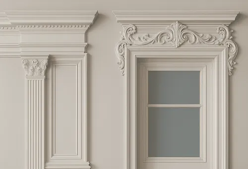 Classic window and door frames with decorative elements in interior