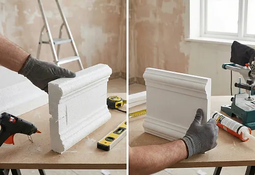 Styrofoam or polyurethane stucco molding: comparison of two profiles on a table, porous styrofoam on the left, smooth polyurethane on the right