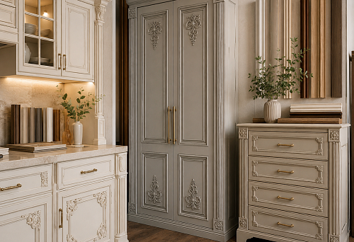 Carved overlays and moldings for kitchen furniture facades
