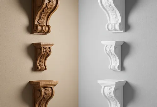 Carved wood and polyurethane brackets with botanical ornamentation