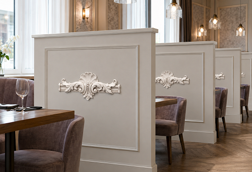 Decorative overlay NPU-434.1 303 &times; 127 mm on the partition between tables in a restaurant