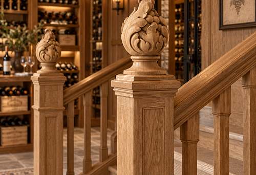 The wine cellar is already finished with oak, and the staircase looks too neutral: how to buy the wooden newel cap L-085 "Grape" and add the motif only to the decorative posts